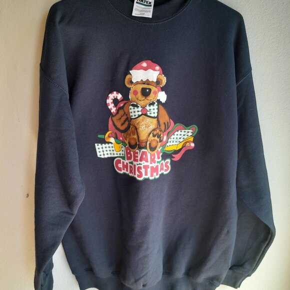 Beary Christmas Sweater Navy Large XL Ugly Sweatshirt Teddy Bear tultex 90s y2k - Picture 1 of 7